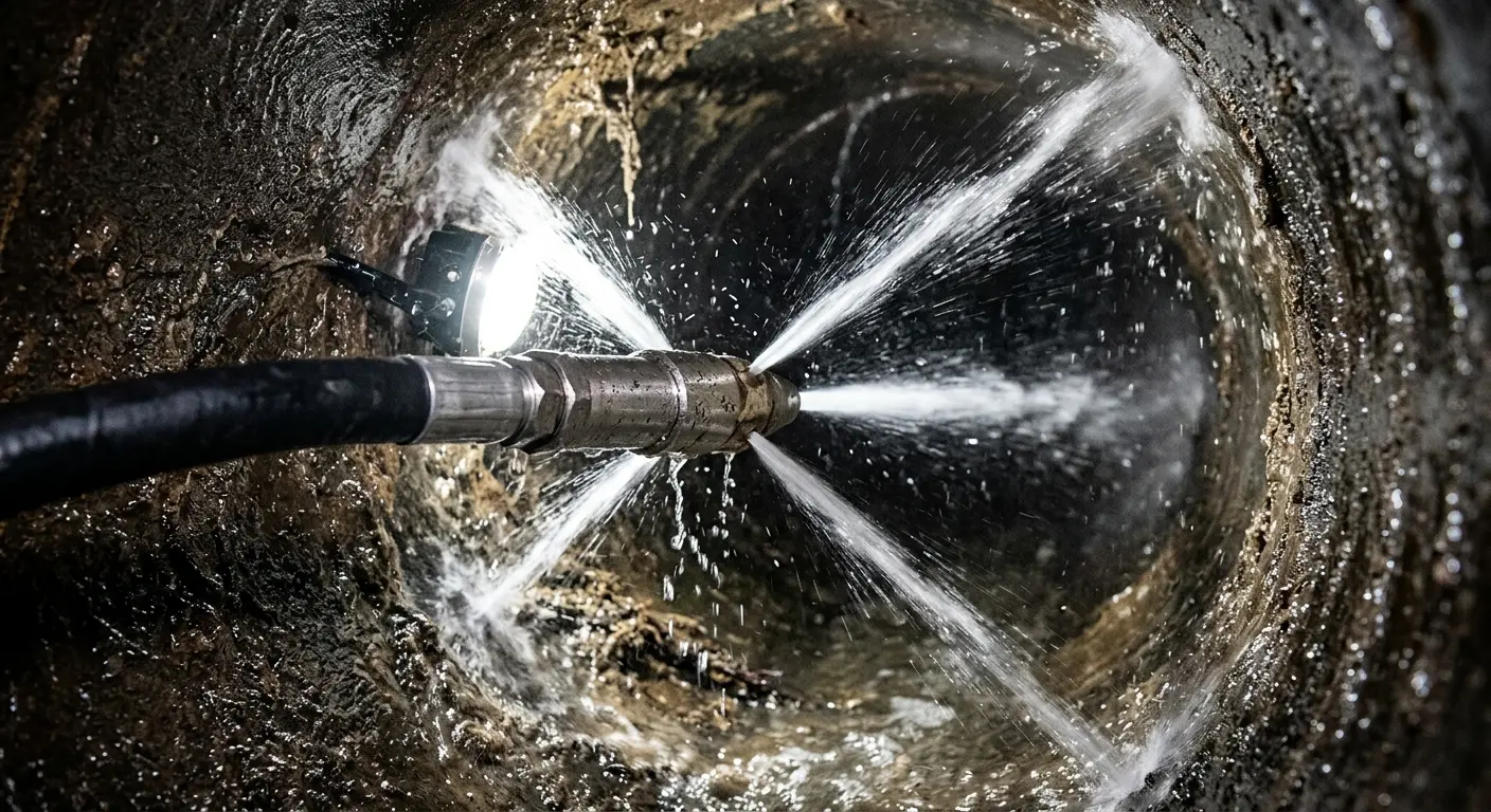 High-pressure hydro jetting nozzle cleaning sewer pipe for Sewer Cleanout in Wilkins
