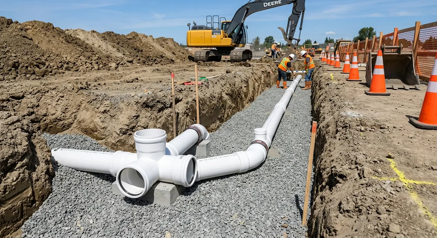 New PVC sewer pipe installation in open trench for Commercial Drain Cleaning in Wilkins