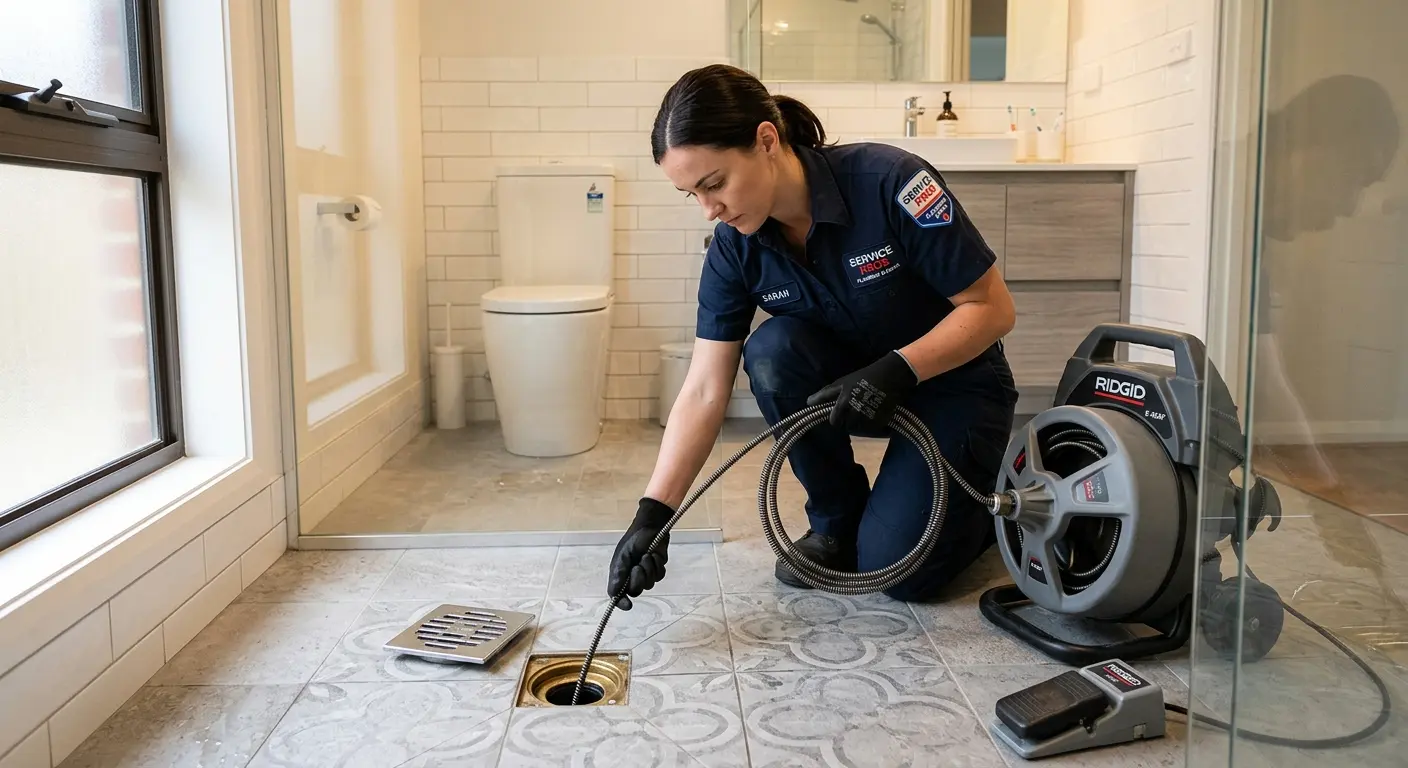 Technician clearing a bathroom floor drain for Sewer Line Replacement in Wilkins
